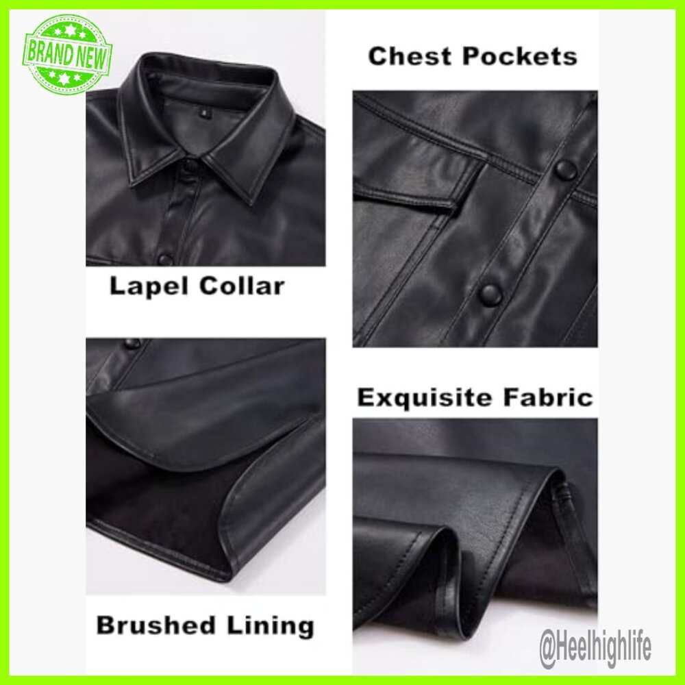 Faux Leather Shacket Jacket Button Down Lapel Lon… - image 4